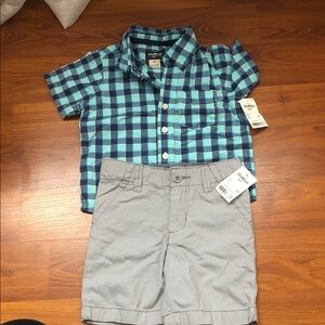OshKosh B'gosh Teal and Navy Checkered Shirtand grey shorts